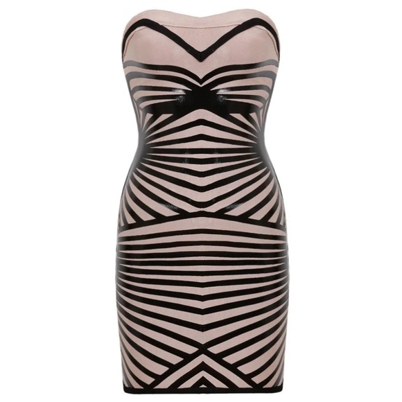 HOST PICK #61 Strapless Beige Leather Bodycon Sexy Mini Bandage Dress XXS XS - Picture 4 of 9
